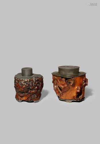 TWO CHINESE WOOD AND PEWTER TEA CANISTERS QING DYNASTY Each with a wooden body supported on a pewter