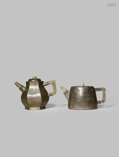 TWO CHINESE INSCRIBED PEWTER-ENCASED YIXING TEAPOTS AND COVERS QING DYNASTY Each set with a jade