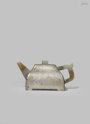 A CHINESE INSCRIBED PEWTER-ENCASED YIXING TEAPOT AND COVER QING DYNASTY The square-section body, set