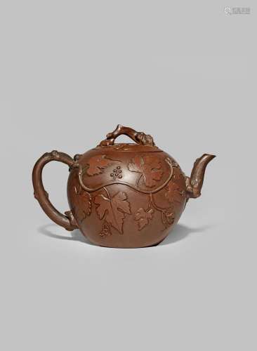 A CHINESE YIXING TEAPOT AND COVER 18TH CENTURY The body applied with moulded vine leaves and