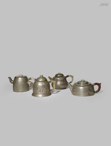 ONE CHINESE PEWTER AND THREE PEWTER-ENCASED YIXING TEAPOTS AND COVERS QING DYNASTY Three with C-