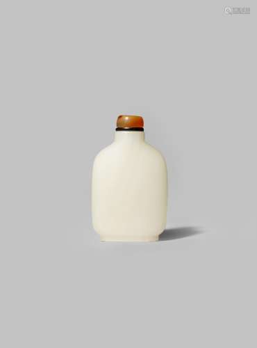 A CHINESE WHITE JADE SNUFF BOTTLE QING DYNASTY With a plain flattened body raised on an oval foot,