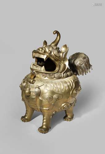 A MASSIVE CHINESE GILT BRONZE INCENSE BURNER MODELLED AS A LUDUAN MING DYNASTY Standing four-square,
