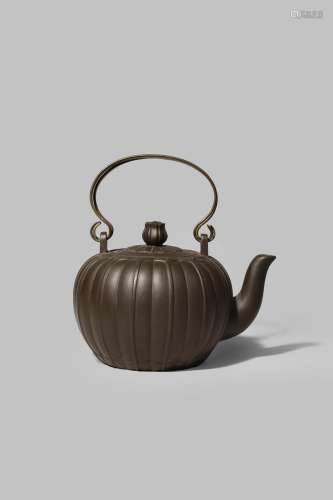 A CHINESE YIXING MELON-SHAPED TEAPOT AND COVER QING DYNASTY The knop formed as a stem and a double
