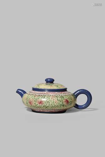 A CHINESE ENAMELLED YIXING TEAPOT AND COVER SIX CHARACTER QIANLONG MARK AND OF THE PERIOD 1736-95