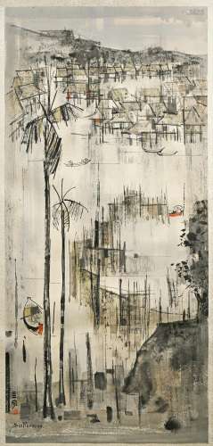 A CHINESE PAINTING ON PAPER BY CHEONG SOO PIENG (1917-1983) DATED 1960 Depicting a waterside village