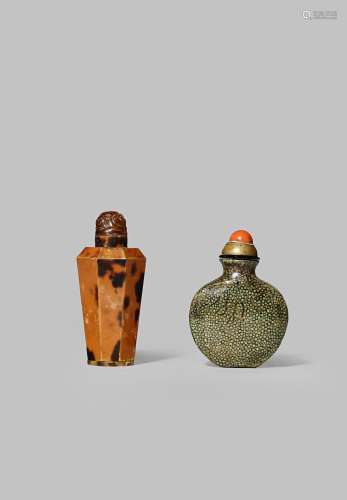 TWO CHINESE SNUFF BOTTLES 19TH CENTURY AND LATER One shagreen with a flattened ovoid body, the other