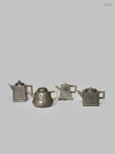 FOUR CHINESE INSCRIBED PEWTER AND PEWTER-ENCASED YIXING TEAPOTS AND COVERS QING DYNASTY Each set
