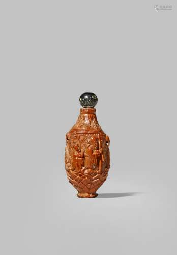 A CHINESE GANLAN OLIVE STONE 'IMMORTALS' SNUFF BOTTLE 19TH CENTURY Carved with figures including