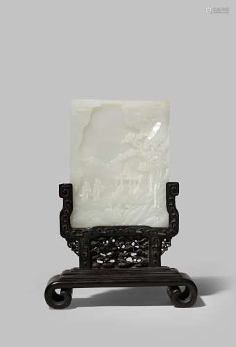 A CHINESE WHITE JADE TABLE SCREEN QING DYNASTY Carved in shallow relief to one side with two