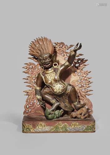 A TIBETAN GILT COPPER FIGURE OF THE PROTECTOR BEGTSE CHEN 19TH CENTURY The deity shown standing,
