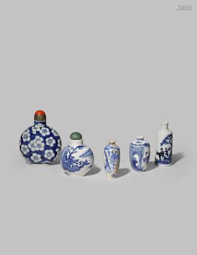 FIVE CHINESE BLUE AND WHITE SNUFF BOTTLES 19TH CENTURY Variously decorated with prunus, figures