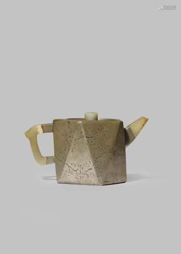 A CHINESE INSCRIBED PEWTER-ENCASED 'BA BU ZHENG' YIXING TEAPOT AND COVER QING DYNASTY The pentagonal