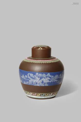 A CHINESE ENAMELLED YIXING JAR AND COVER QING DYNASTY With an ovoid body decorated with a broad band