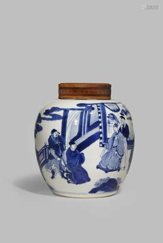 A CHINESE BLUE AND WHITE JAR KANGXI 1662-1722 The ovoid body brightly painted with courtiers on a