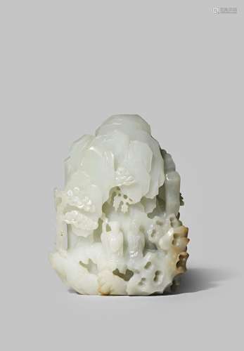 A CHINESE PALE CELADON JADE CARVING OF A MOUNTAIN QING DYNASTY Carved with five scholars, three