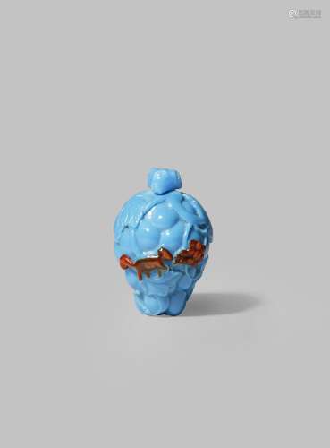 A CHINESE TURQUOISE AND BROWN BEIJING GLASS 'SQUIRREL AND GRAPEVINE' SNUFF BOTTLE 19TH CENTURY