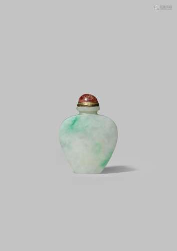 A CHINESE PALE APPLE-GREEN JADEITE SNUFF BOTTLE 19TH /20TH CENTURY With a plain spade-shaped body,