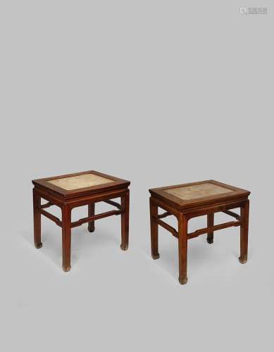 A PAIR OF CHINESE HARDWOOD CORNER-LEG STOOLS 19TH CENTURY Supported on square-section legs
