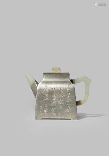 A CHINESE INSCRIBED AND DATED PEWTER TEAPOT AND COVER 1835 The rectangular-section body set with a