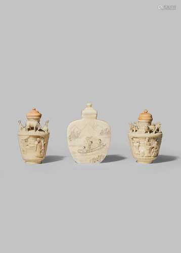 THREE CHINESE IVORY SNUFF BOTTLES 19TH/EARLY 20TH CENTURY Comprising: a near pair carved in