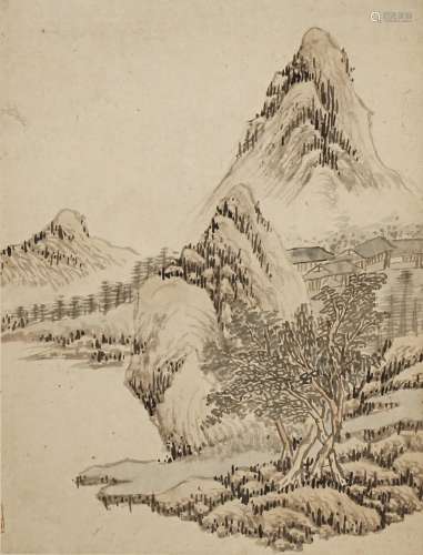 A CHINESE ALBUM OF TEN LANDSCAPE PAINTINGS ON PAPER 18TH/19TH CENTURY Depicting figures, pagodas,