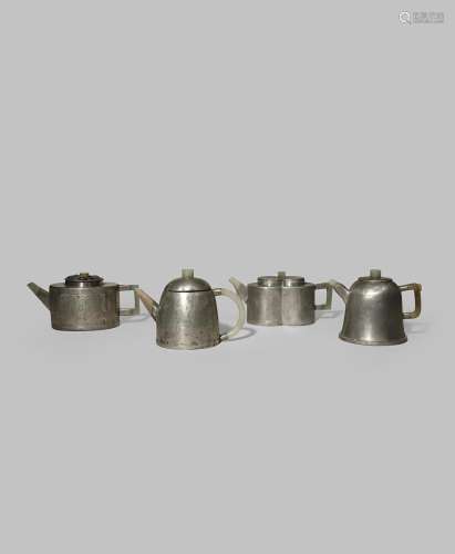 FOUR CHINESE INSCRIBED PEWTER-ENCASED YIXING TEAPOTS AND COVERS QING DYNASTY Each set with a jade