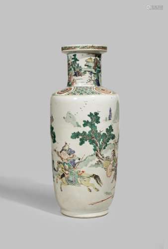 A CHINESE FAMILLE VERTE ROULEAU VASE KANGXI 1662-1722 Decorated with a battle scene with horse