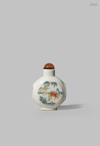 A CHINESE FAMILLE ROSE PORCELAIN 'EIGHT HORSES' SNUFF BOTTLE FOUR CHARACTER DAOGUANG SEAL MARK AND