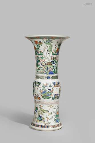 A CHINESE FAMILLE VERTE GU-SHAPED VASE KANGXI 1662-1722 Painted with shaped panels containing