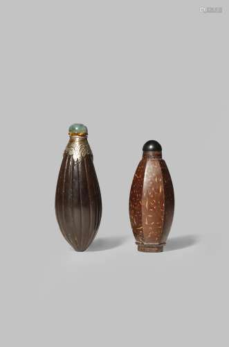 TWO CHINESE COCONUT SHELL SNUFF BOTTLES QING DYNASTY One formed as an elongated fruit with a metal