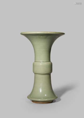 A CHINESE LONGQUAN CELADON GU-SHAPED VASE EARLY MING DYNASTY With a plain body and a tall flared