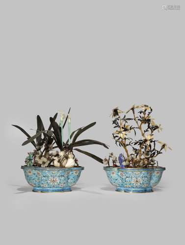 A PAIR OF CHINESE IMPERIAL ENAMEL JARDINIERES WITH GARDENS QIANLONG 1736-95 The quatrefoil-shaped