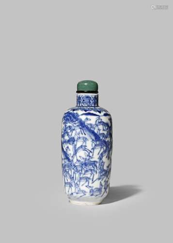 A LARGE CHINESE BLUE AND WHITE 'HUNDRED DEER' SNUFF BOTTLE FIVE CHARACTER SU YUN DAO REN ZHI MARK,