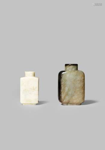 TWO CHINESE JADE SNUFF BOTTLES 18TH/19TH CENTURY Each of rectangular form, the larger with black and