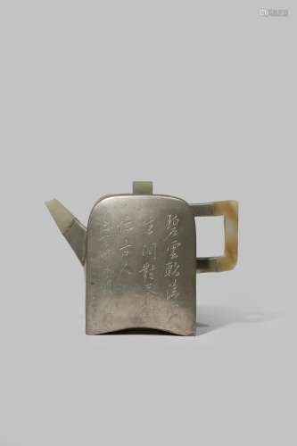 A CHINESE INSCRIBED AND DATED PEWTER-ENCASED YIXING TEAPOT AND COVER 1839 Set with a jade spout,