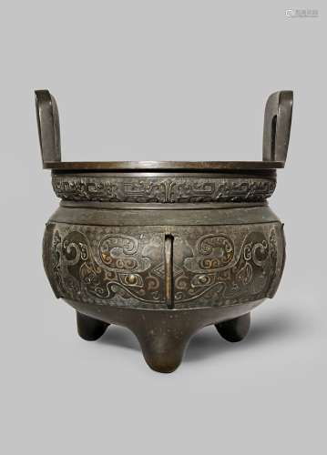 A MASSIVE CHINESE GOLD AND SILVER INLAID ARCHAISTIC INCENSE BURNER QING DYNASTY With a compressed
