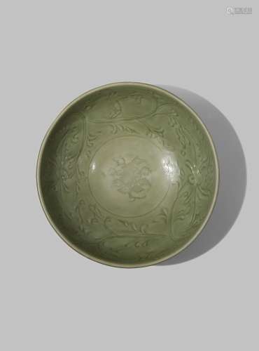 A CHINESE LONGQUAN CELADON BOWL MING DYNASTY The body carved to the interior with scrolling