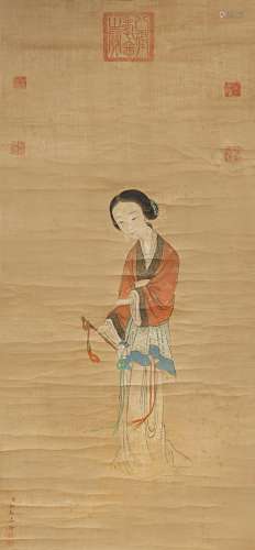 A CHINESE SCROLL PAINTING ON SILK AFTER LENG MEI MID QING DYNASTY Depicting a beautiful young lady