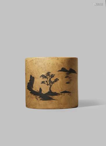 A CHINESE YIXING BITONG QING DYNASTY OR LATER With a cylindrical body painted with a landscape in