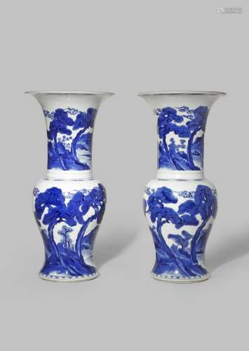 A PAIR OF CHINESE BLUE AND WHITE YEN YEN VASES KANGXI 1662-1722 Each painted in bright underglaze