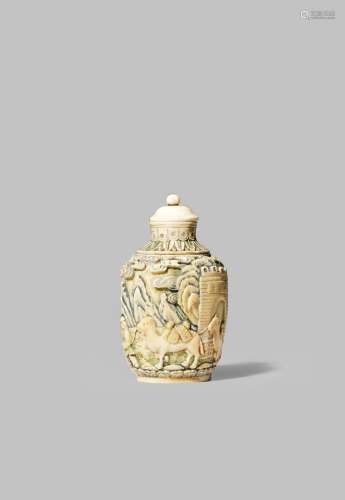 A CHINESE STAINED IVORY SNUFF BOTTLE 19TH CENTURY With an ovoid body carved in shallow relief with