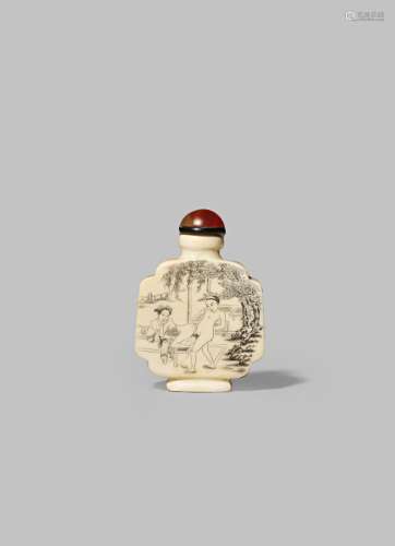 A CHINESE IVORY EROTIC SNUFF BOTTLE 19TH/EARLY 20TH CENTURY With quatre-lobed body engraved to one