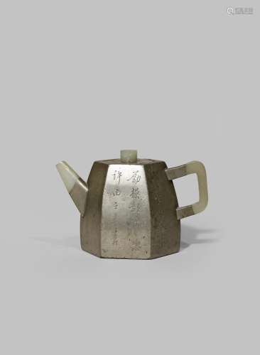 A CHINESE INSCRIBED PEWTER-ENCASED HEXAGONAL YIXING TEAPOT AND COVER BY CHEN MAN SHENG QING