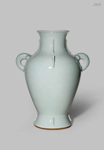 A RARE CHINESE IMPERIAL PALE BLUE-GROUND RU-TYPE TWO-HANDLED ARCHAISTIC VASE SIX CHARACTER YONGZHENG