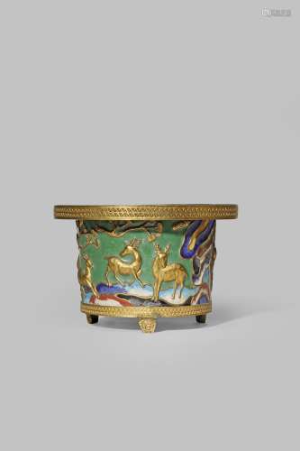 A CHINESE ENAMEL AND GILT METAL JARDINIERE QING DYNASTY OR LATER With a cylindrical body decorated