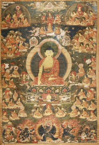 A TIBETAN THANGKA 19TH CENTURY Depicting Shakyamuni Buddha seated in dhyanasana touching the