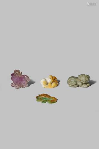 FOUR CHINESE HARDSTONE CARVINGS QING DYNASTY One an amethyst lion dog, one a jadeite fish and two of