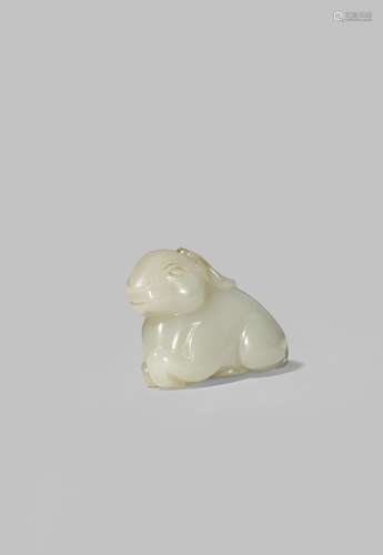 A CHINESE PALE CELADON JADE CARVING OF A DEER QING DYNASTY Recumbent with its legs tucked neatly