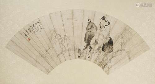 TWO CHINESE PAINTED PAPER FAN PANELS QING DYNASTY One depicting a mountainous landscape with a